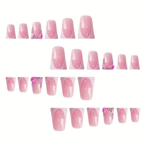 Press on Nails Duck Shaped Glossy Full White French and Pink Floral Rhinestone
