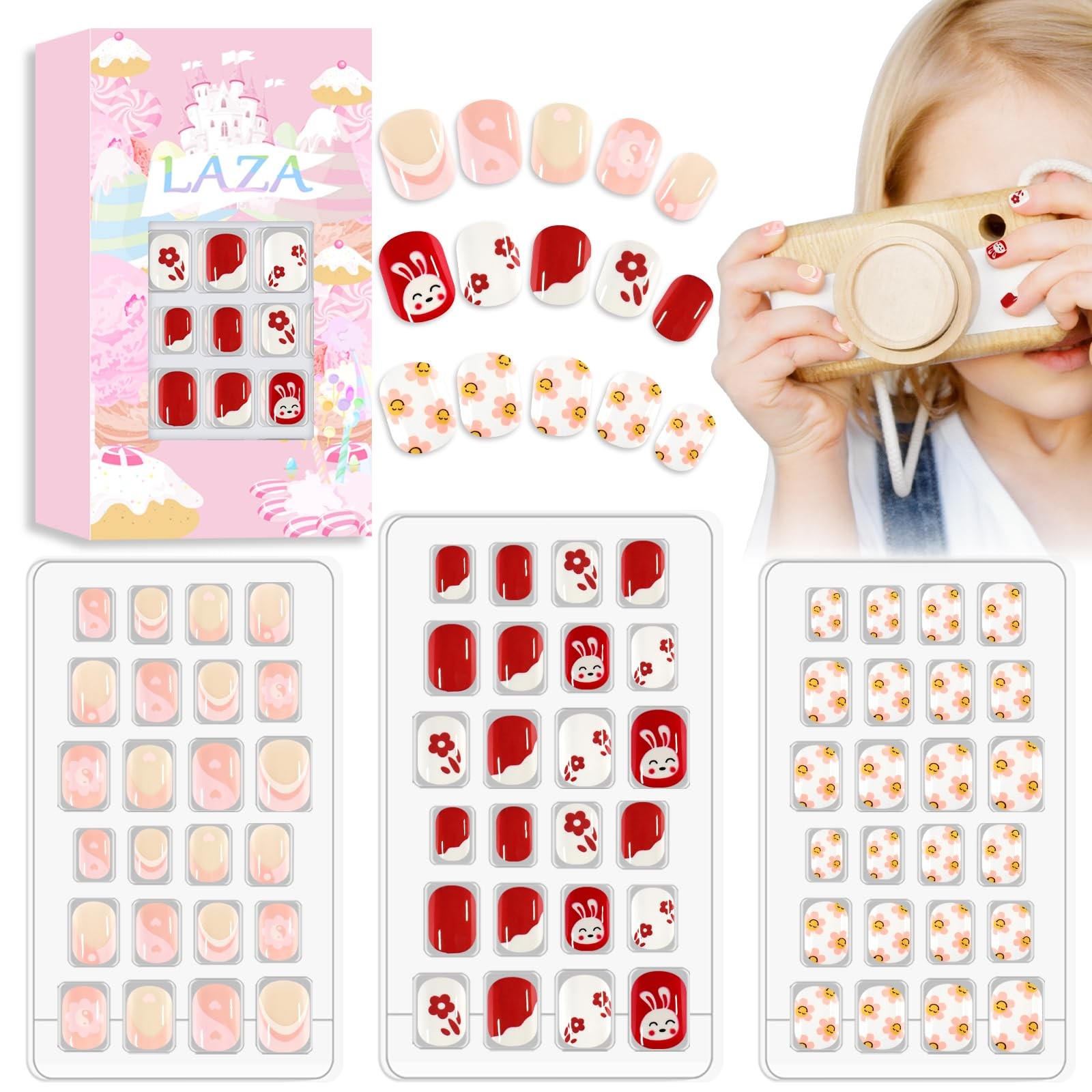 Laza Kids Press On Nails Flower Rabbit Short French