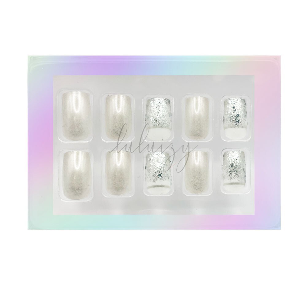 Press On Nails Medium Square Silver Reusable Nail Tips Nails Glue Gel Fake Nails