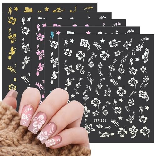 MUIIGOOD Flower Nail Stickers 10 Sheets Hibiscus Nail Decals White Transparent