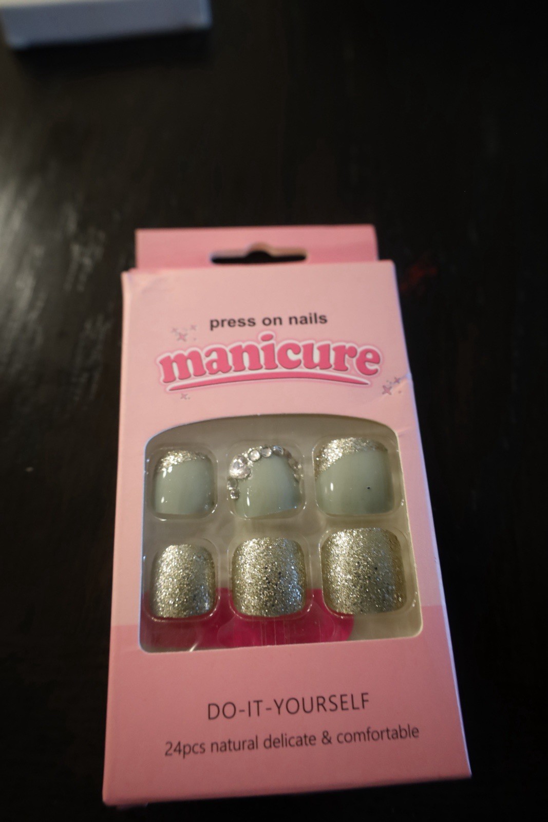 Silver Light Green Glitter 3D Square Press-On Nails Set Full Cover 24pcs