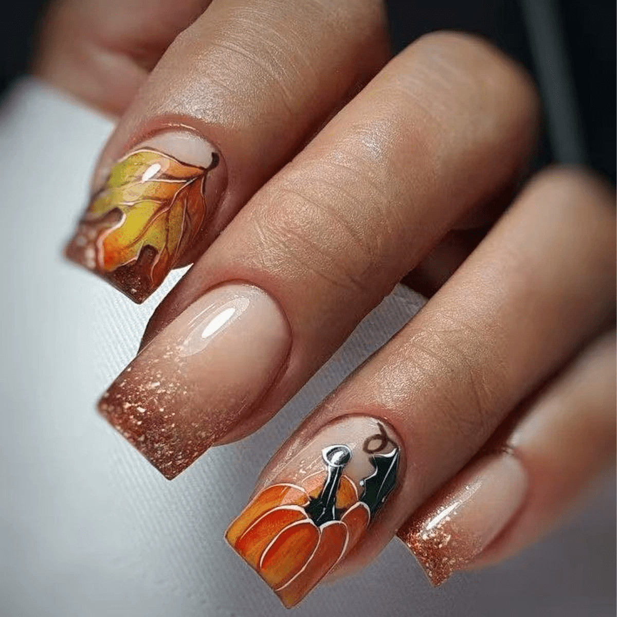48pcs Fall Press-on Nails Autumn Leaves Pumpkin Warm Brown Glitter Fall Nails