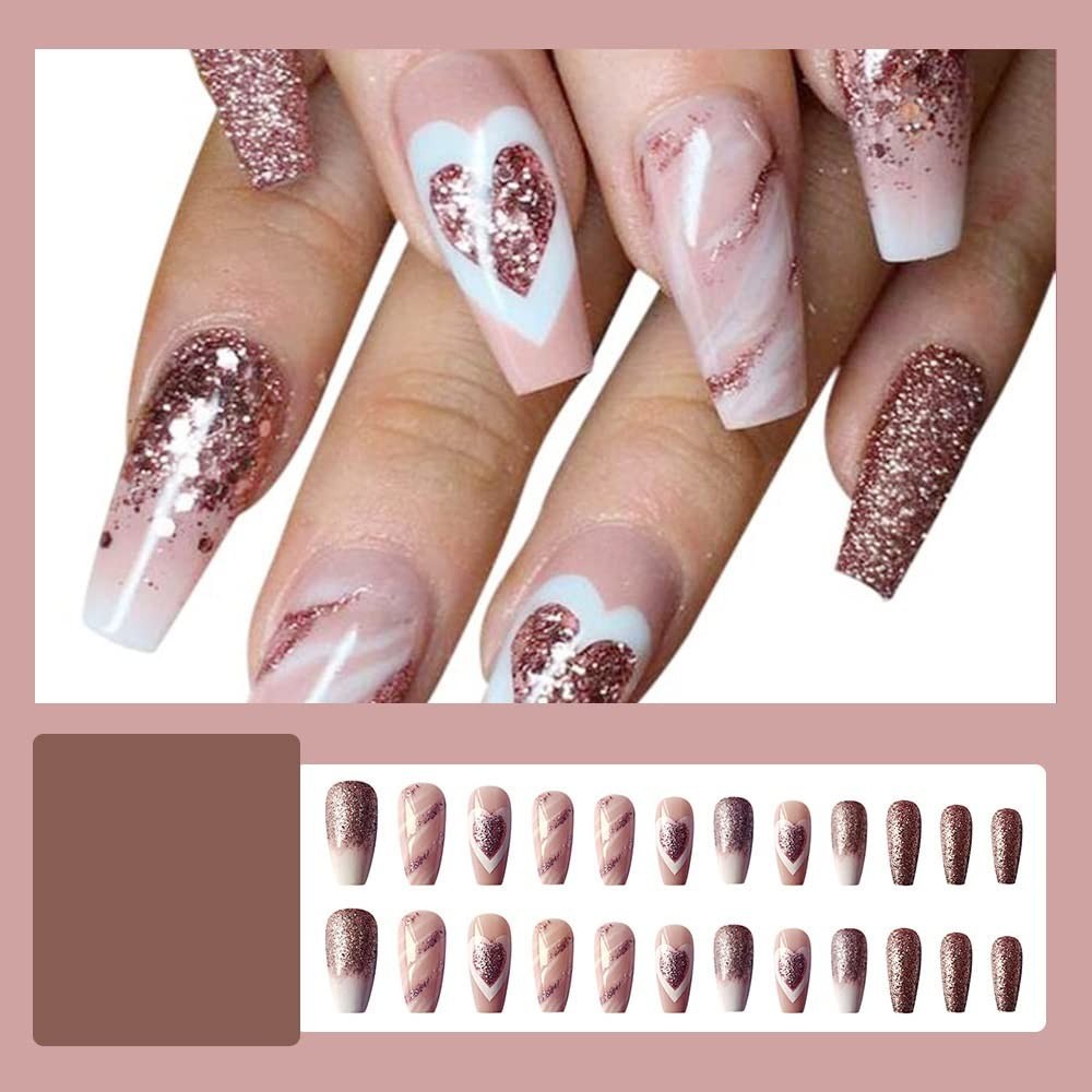 Secret Lives Glossy Premium Artificial Nails Light Pink Color with Heart 24 Nail