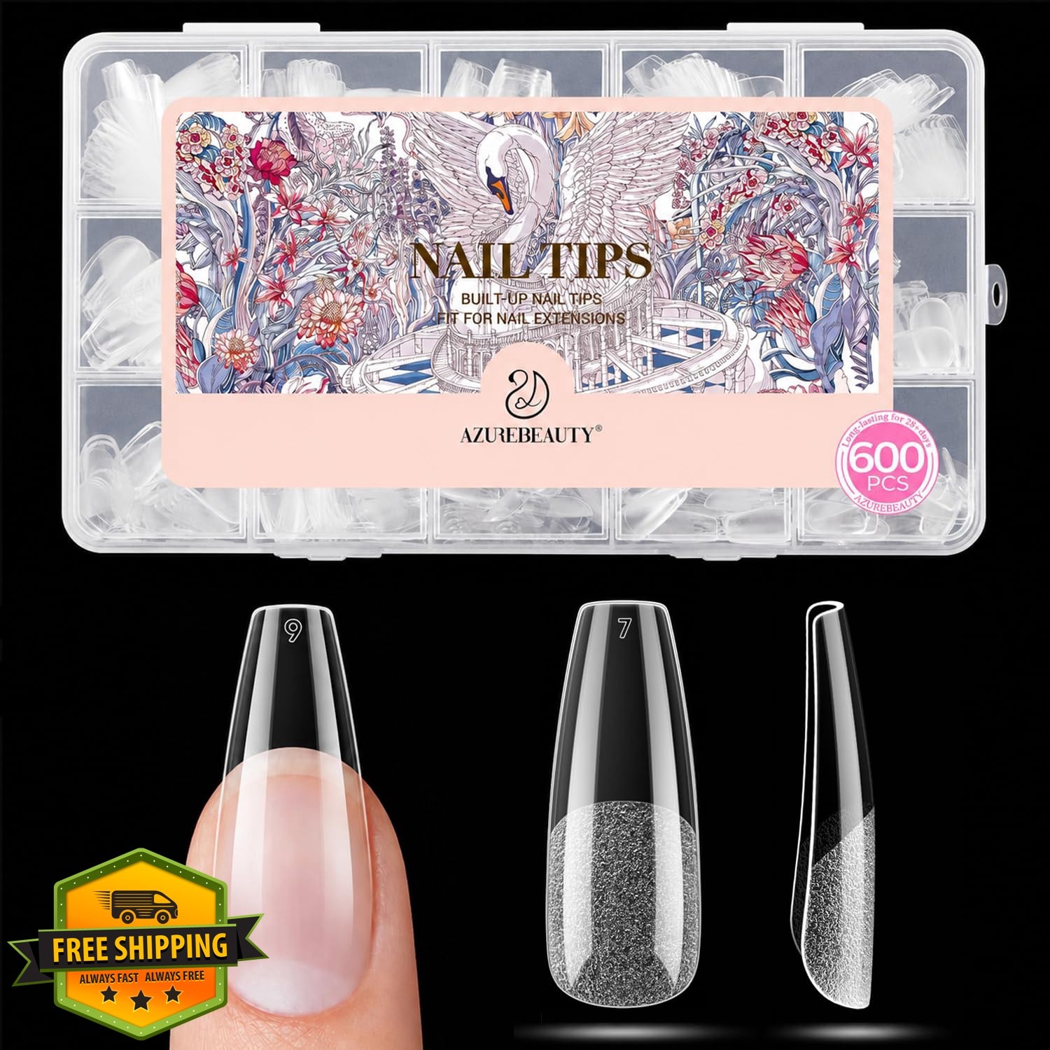 AZUREBEAUTY Long Coffin Soft Gel Nail Tips 600pcs 15 Sizes Clear