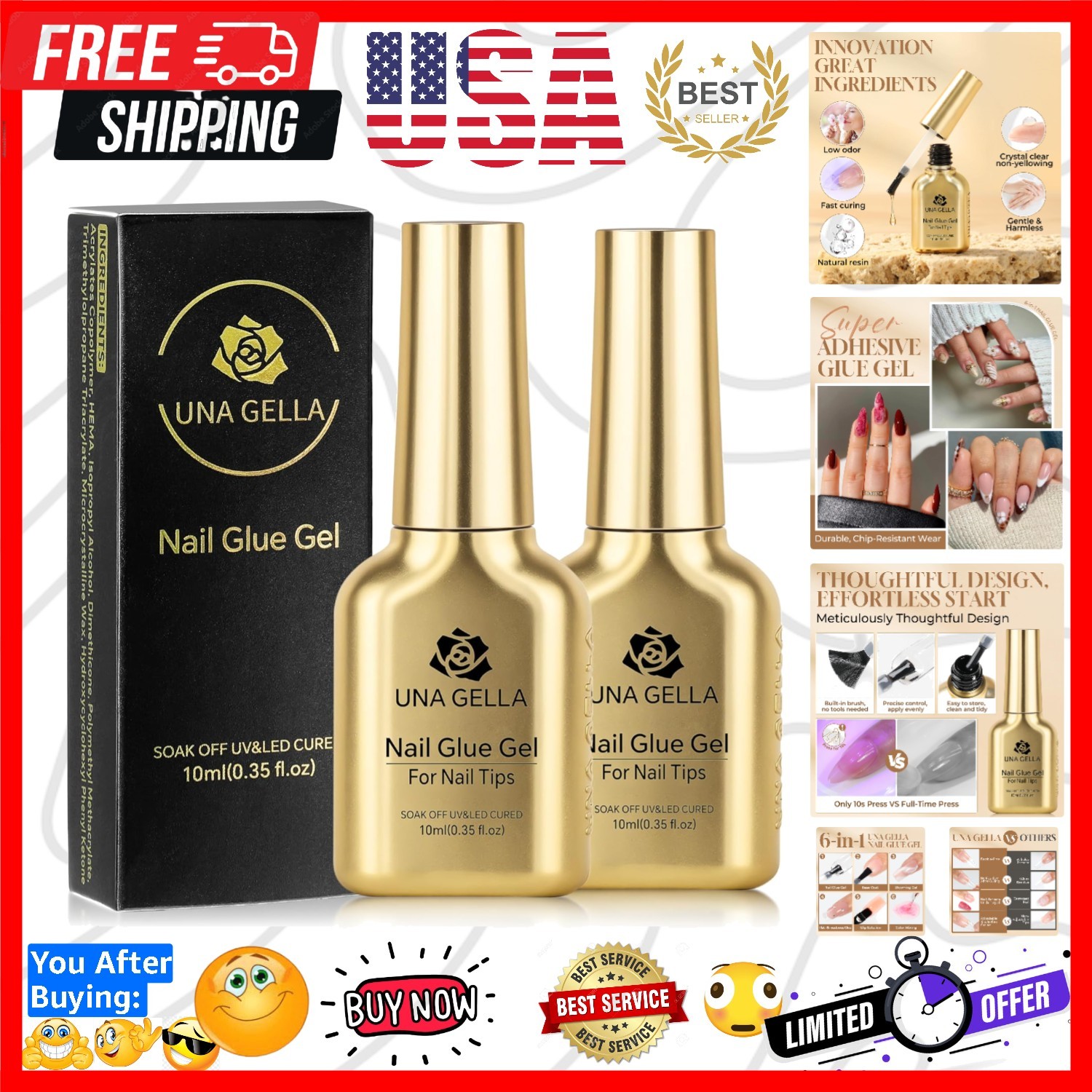 6 in 1 Gel Nail Glue for Acrylic Nails Tips 2 Pcs 10ml Super Strong Nail Glue…