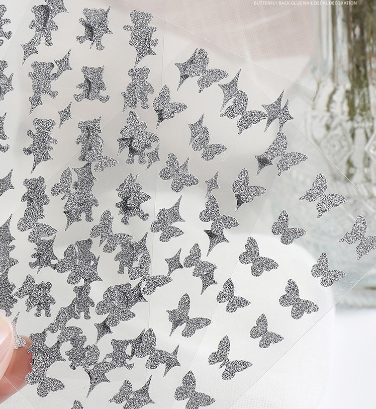 White Glitter Nail Stickers Heart Star Butterfly Bear Flame Transfer Decal NS53