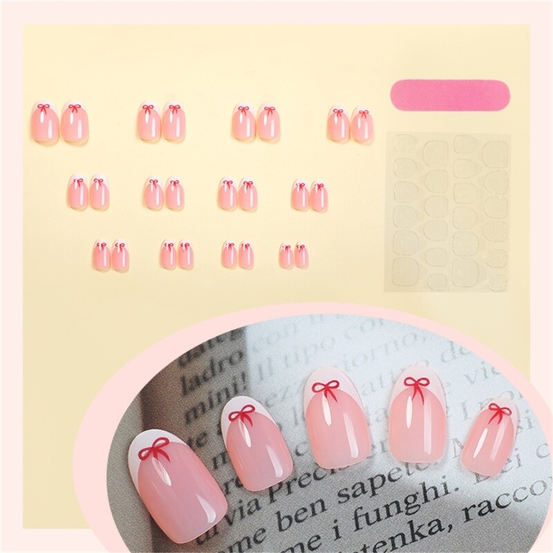 24 Pieces Short Length Almond Press On Glossy Bows Designs French Tip
