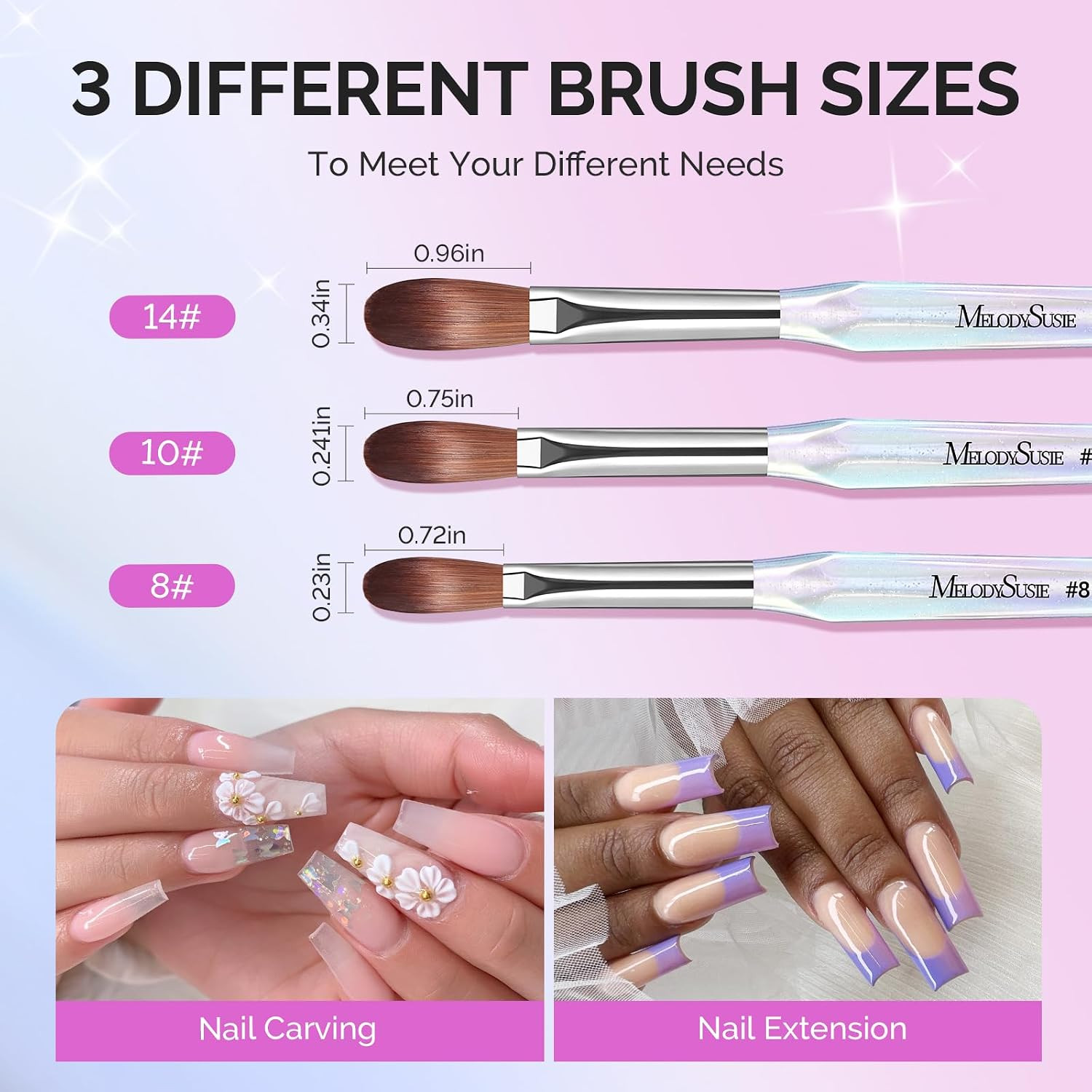 Acrylic Nail Brush Set, Size 8,10,14 Transparent Nail Brushes | with Cleaner Too
