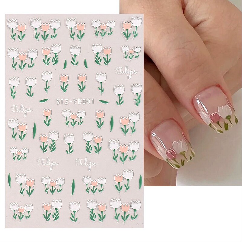 Tulip Flower Leaf Nail Sticker Silver Vintage Flower Blue Pink Wrap Nail Decal