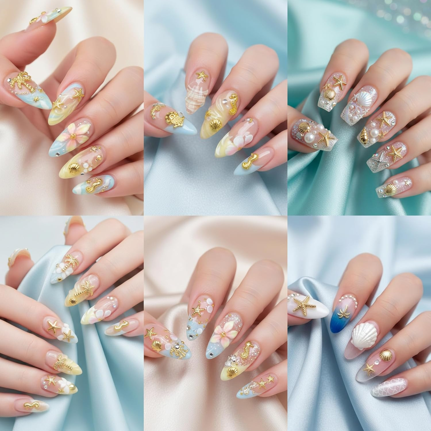 Nail Charms, 2Boxes Gold Silver Summer Ocean Nail Charms and Gems, Metal Small S