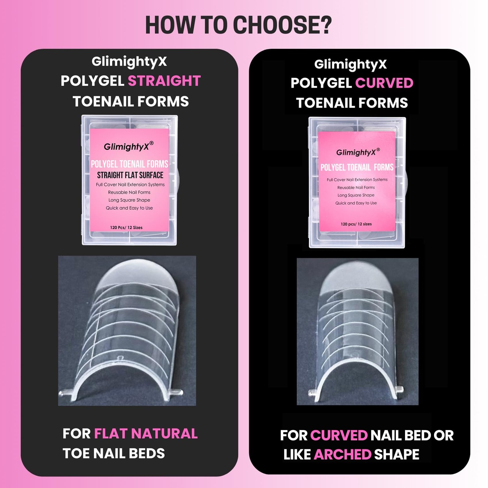 Straight Flat Toe Dual Forms for Polygel,GlimightyX Square Toenail L, Clear
