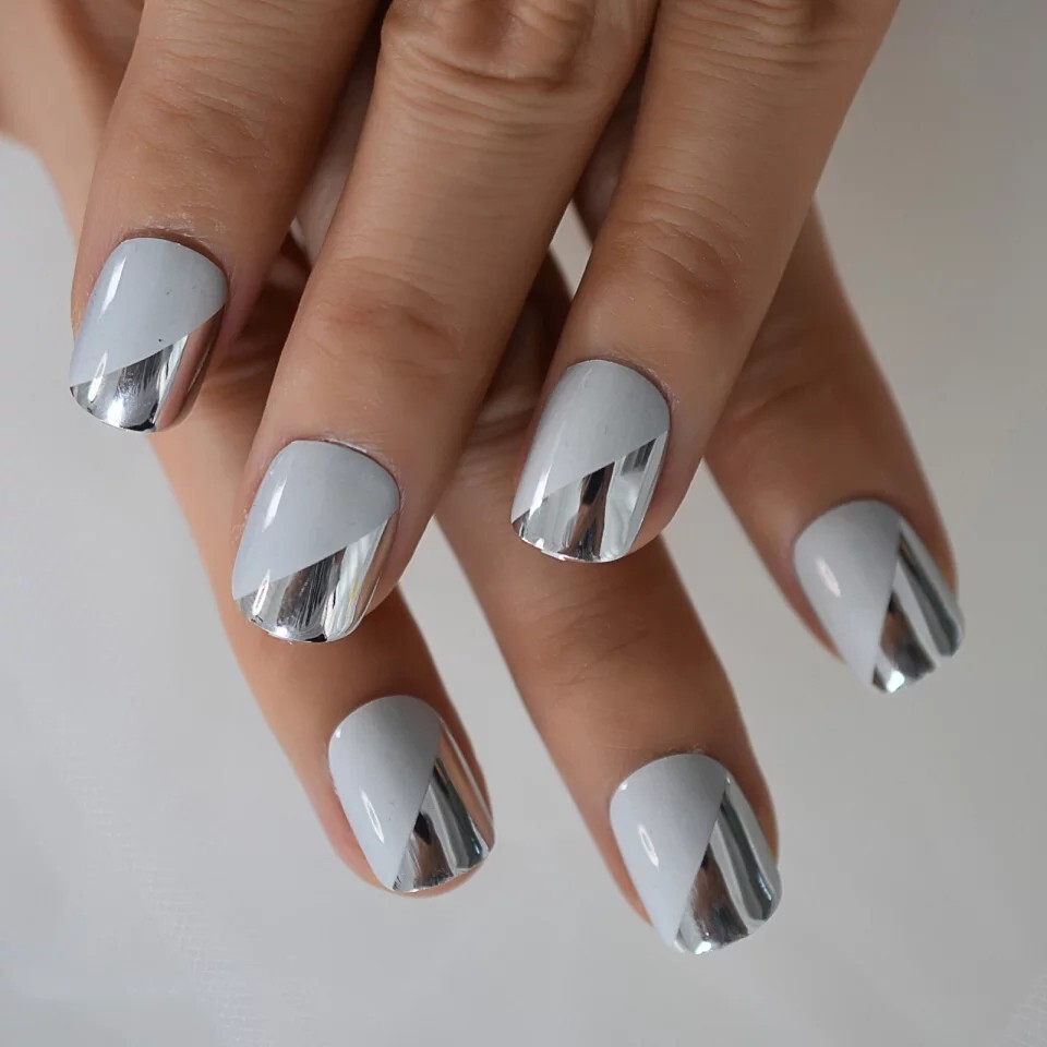 24 Short Silver White chrome Press on nails set with glue shiny metallic mirror