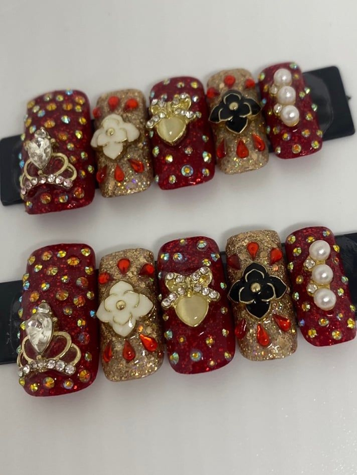 Red, Gold, Black, & White Square Press On Nail Set