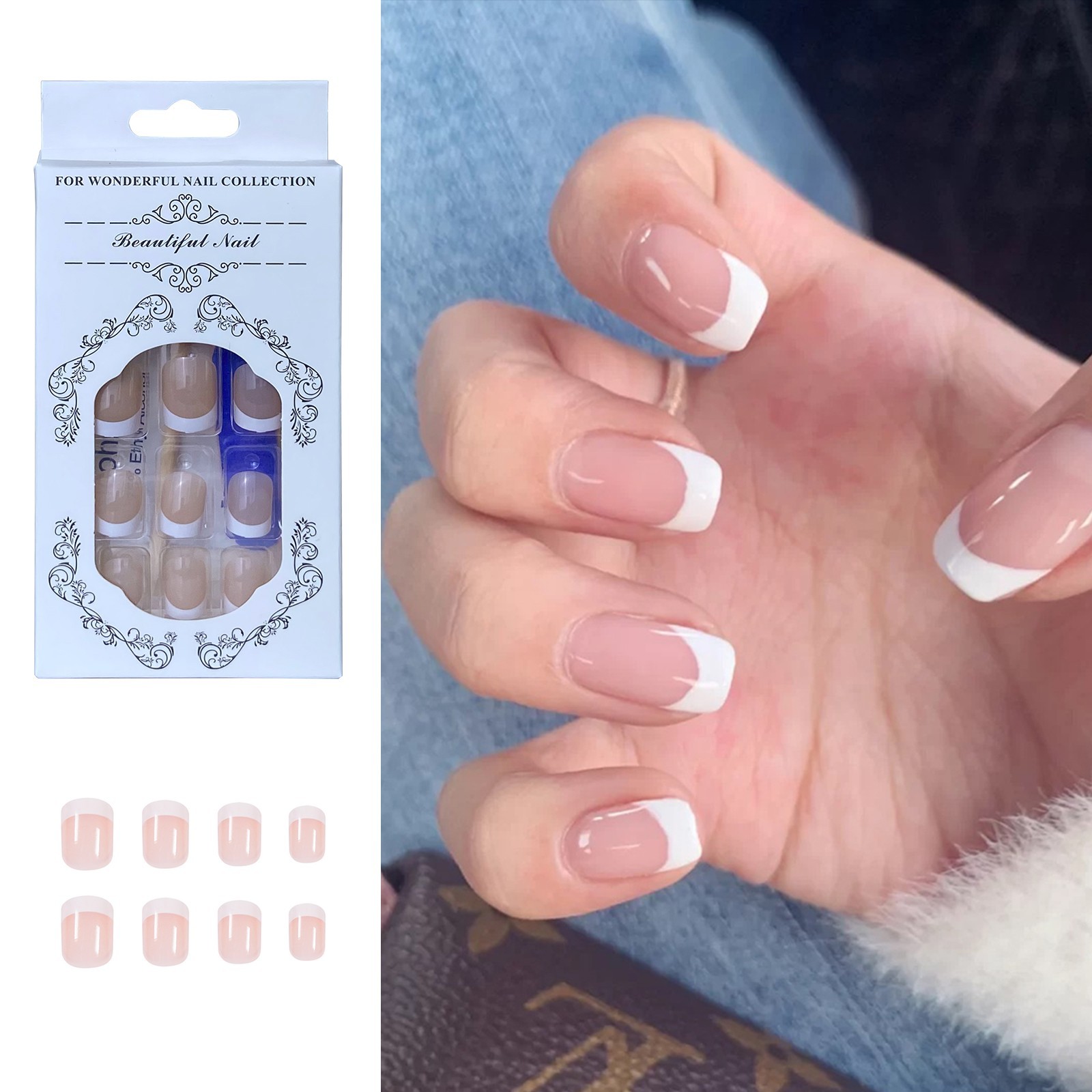 Short Square French Tip Press-On Nails, Nude Fake Nails with Full Prep Kit