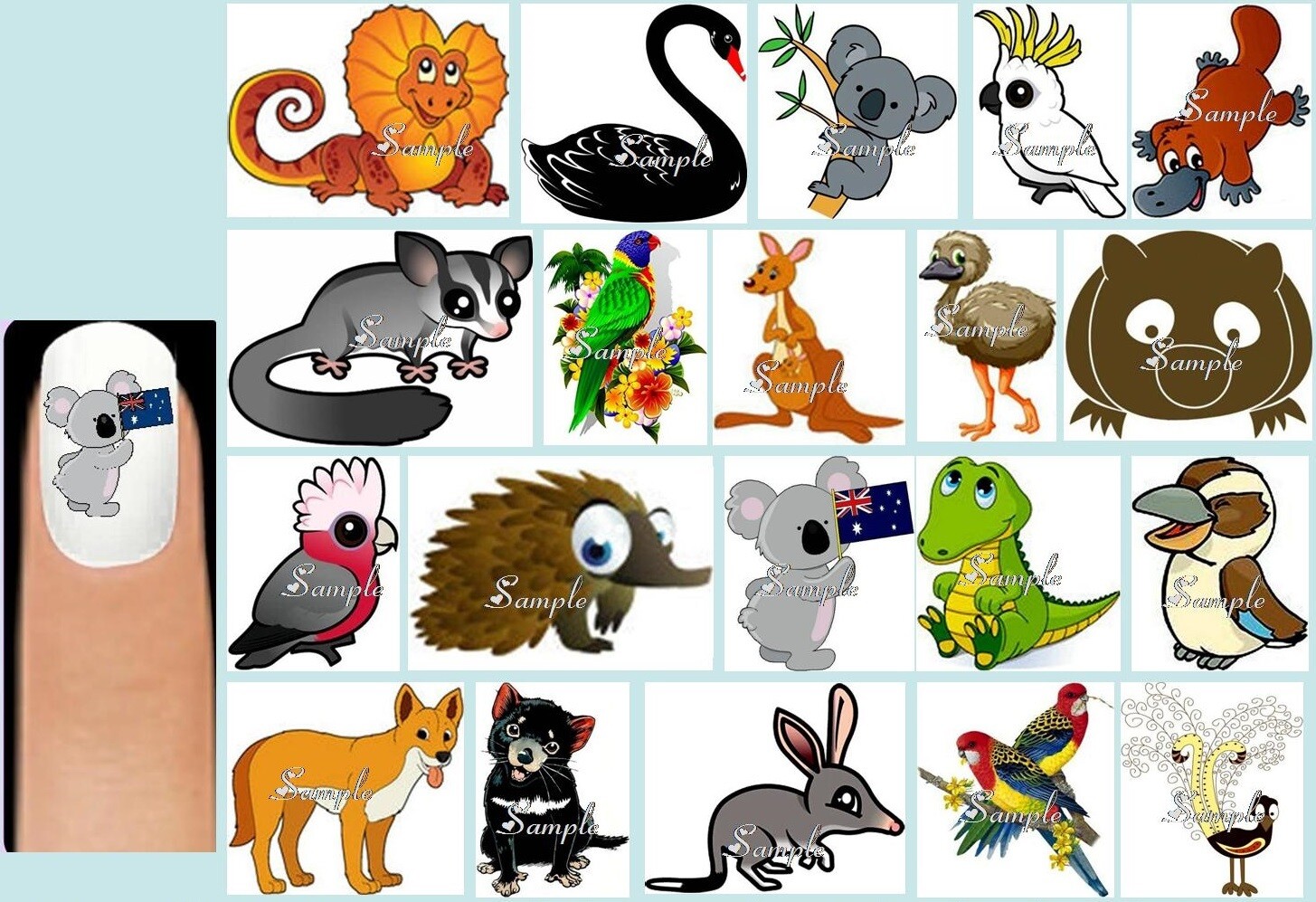60x AUSTRALIAN ANIMALS Nail Art Decals + Free Gems Australia Koala Kangaroo Flag