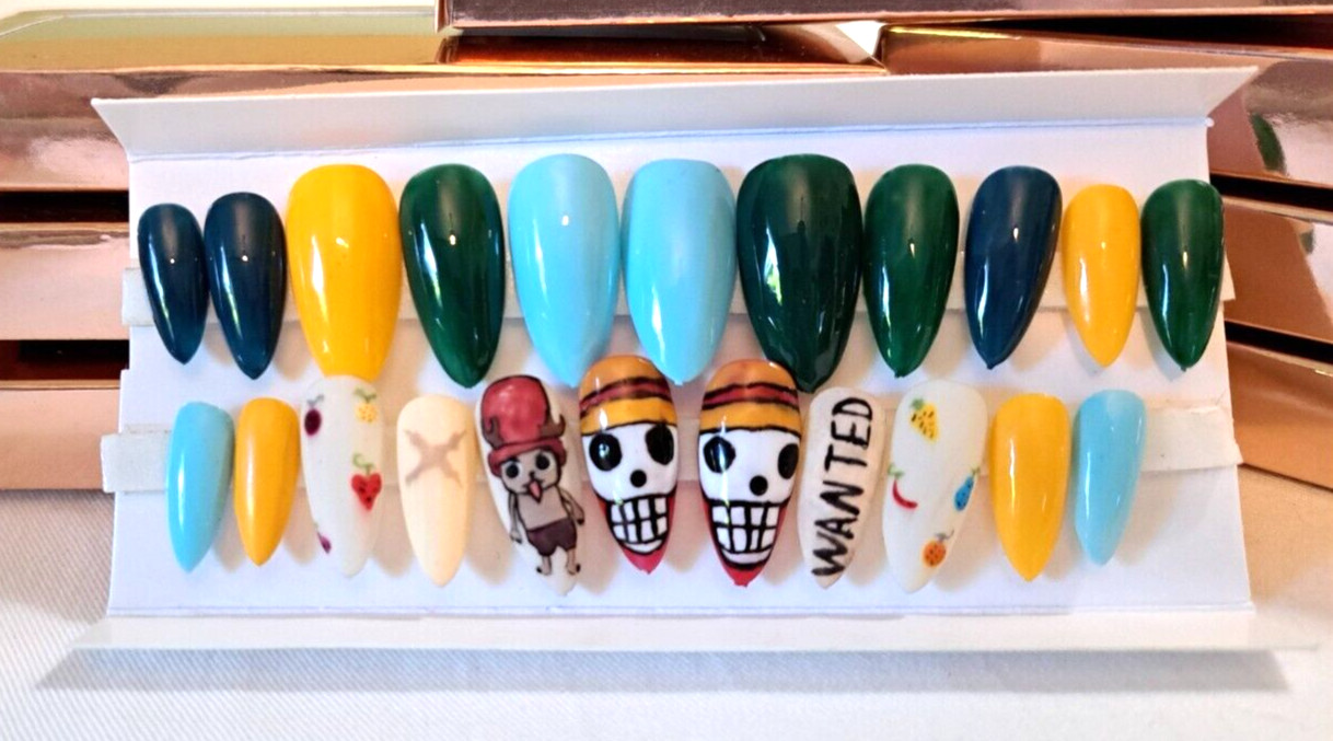 Hand Painted One Piece Anime Nails- All Sizes 22pc Almond Novelty Kawaii NIB