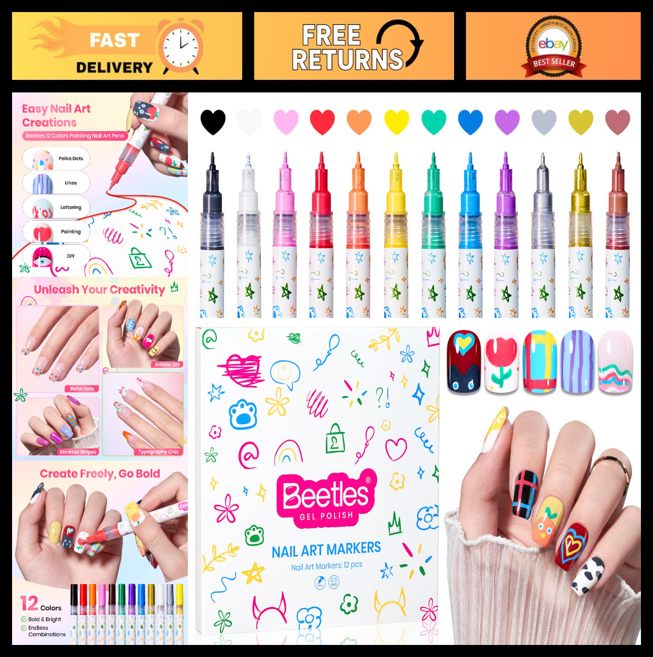 12 Colors Nail Art Pens – 0.5mm Fine Line Quick Drying Acrylic Paint Markers for