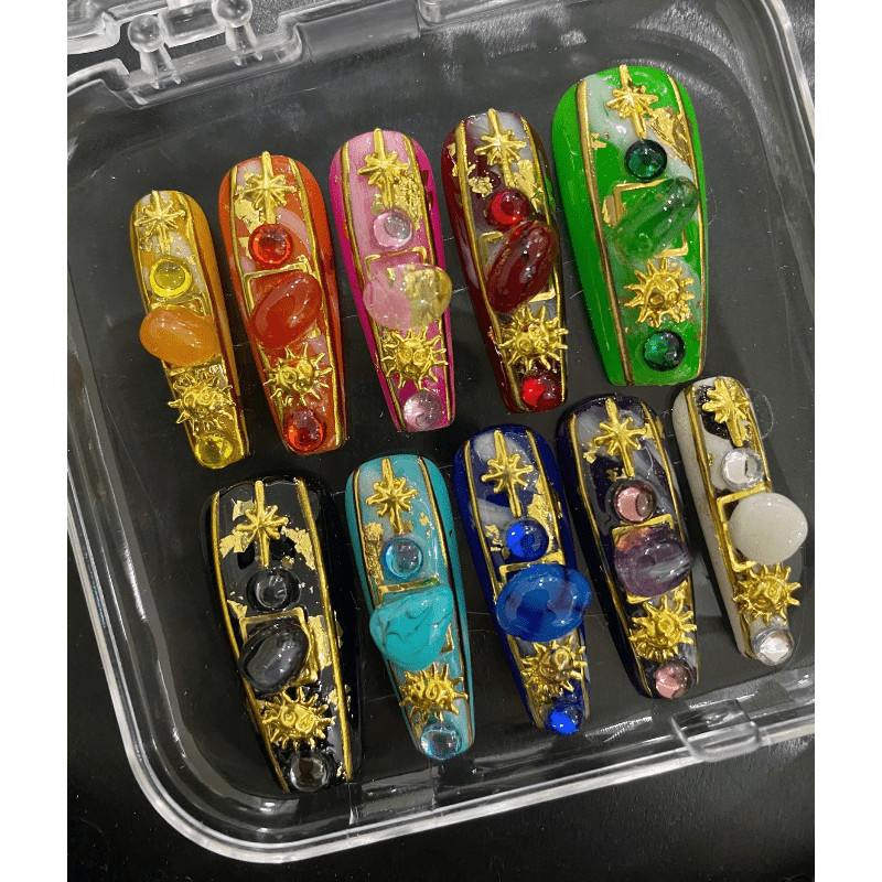 Gem Sun Handmade Press on Nails Gold Frame Marble Iridescent Shimmer Fake Nails