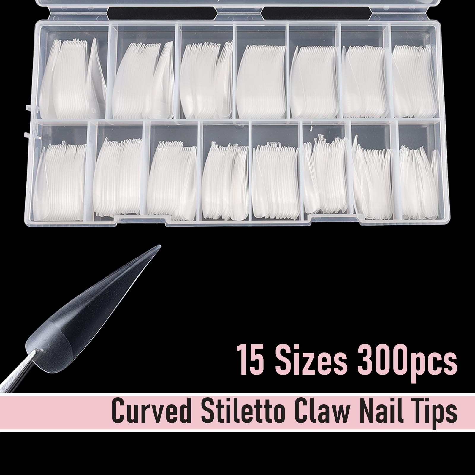 Wellquinn 300 Pcs Long Curved 15 Sizes, Including 5 For Thumbs, Clear