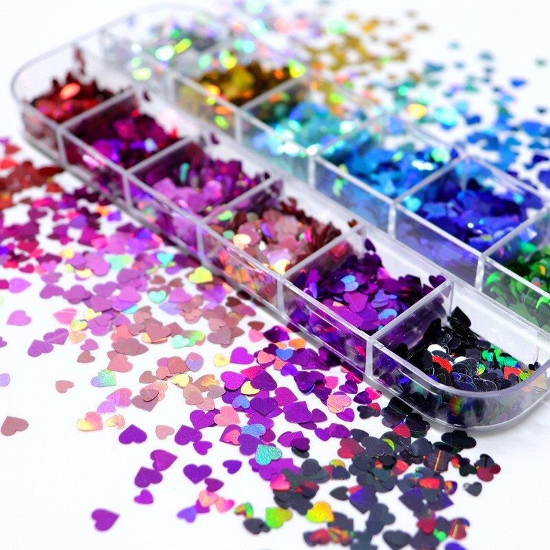 12 Grids Sparkly Love Nail Art Glitter Sequins Flakes Nails Stickers Decortion