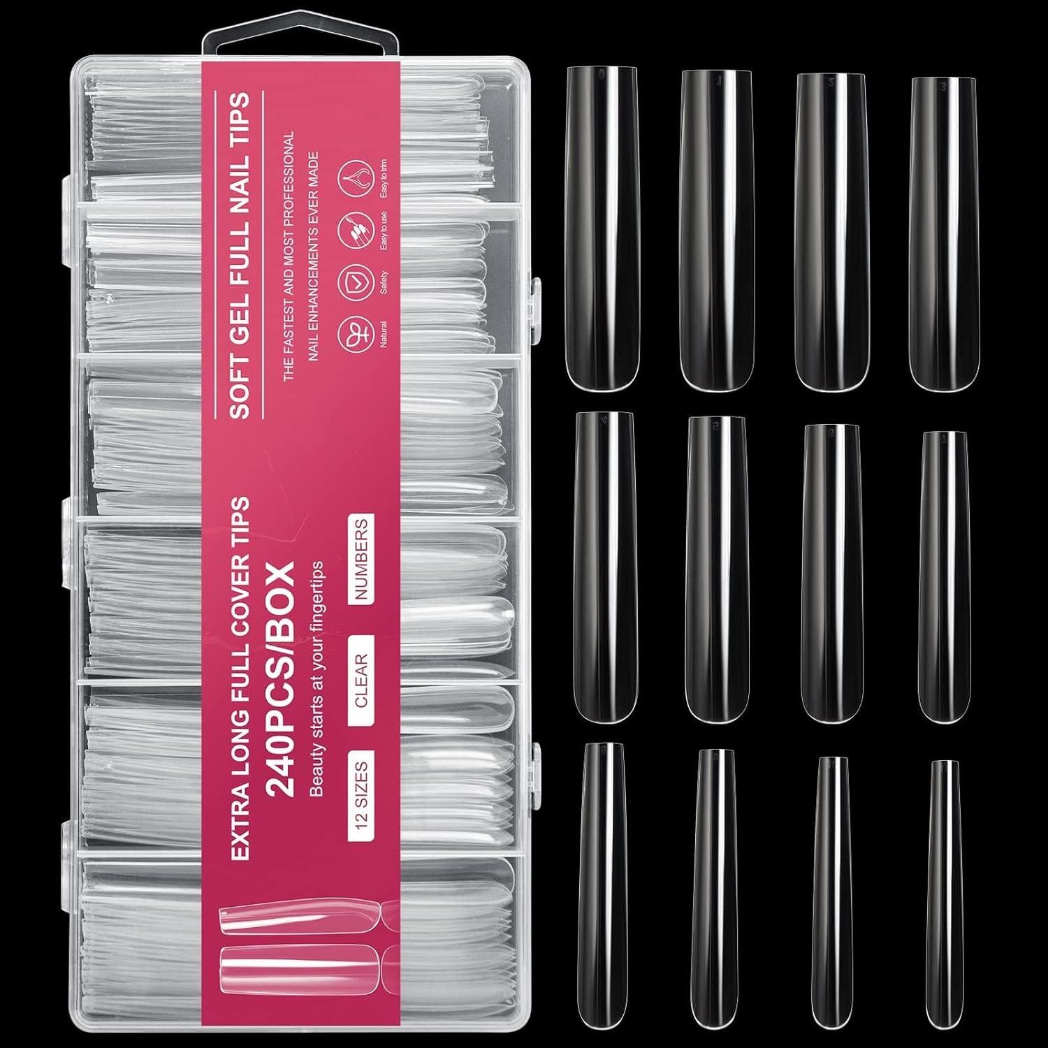 Aoraem Extra Long Square Full Cover Nail Tips 240pcs Xxxl Clear Full Cover Fake
