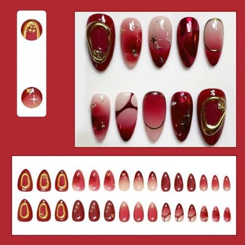 Red Press on Nails Short Almond Fake Nails with 3D Texture Gold Design Glossy