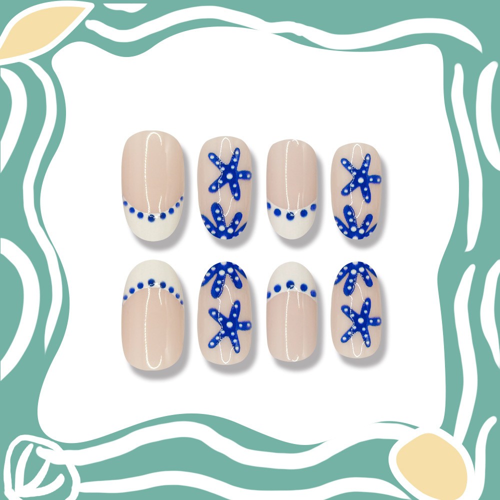 48pcs-Summer Ocean French Press on Nails, Medium Almond Starfish Fake Nails