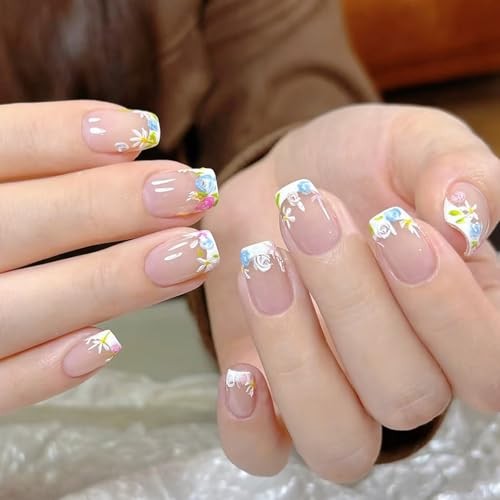 30pcs White French Tip Press on Nails Flower Short Square False Fake Nails04