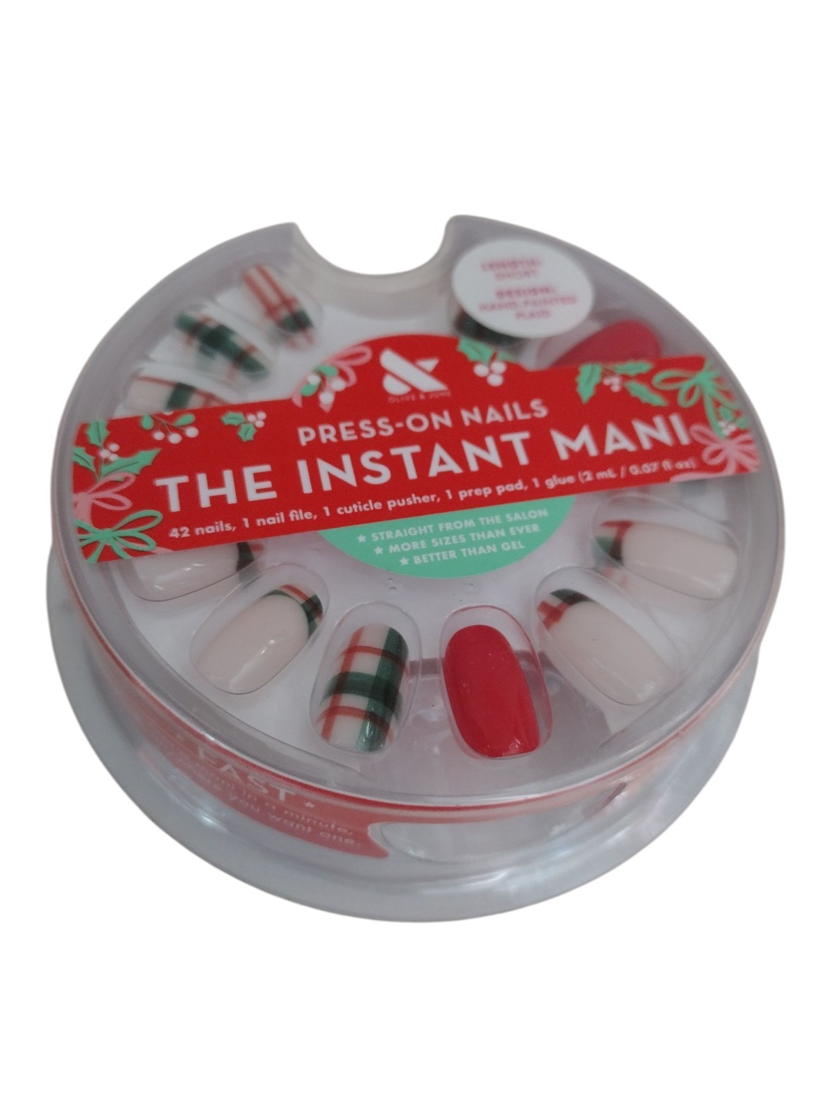 Olive & June THE INSTANT MANI 42ct SHORT LENGTH Press On Nail HAND-PAINTED PLAID