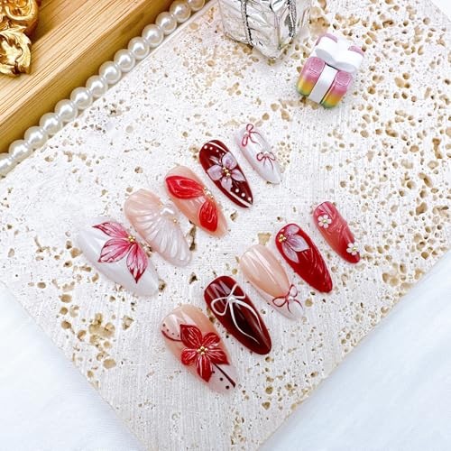 24Pcs 3D Flower Press on Nails Medium Almond Fake Nails Pearl Flower Nails-17