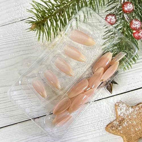 24Pcs Nude Gradient French Tip Press on Nails Medium Length Almond Shaped
