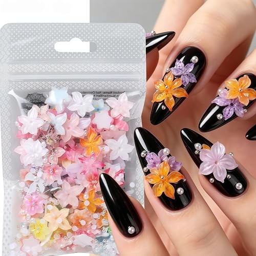 120Pcs Nails Charms 3D Colorful Flowers Nail Rhinestones Hibiscus Summer Flower