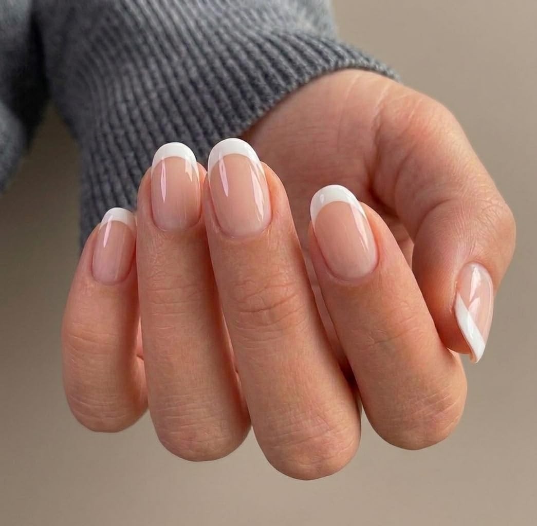 Misssix French Tip Press On Nails Short Oval Nude Fake Nails with Glue