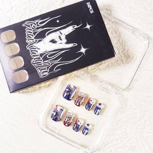 24Pcs 4th of July Press on Nails,Short Square Fake Nails Red White and Blue A43