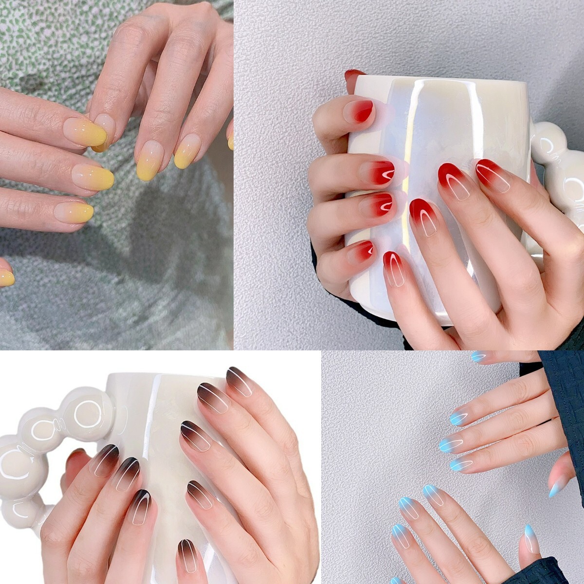 96Pcs (4boxes)Ice-Transparent Multicolor Nude Color Gradient Oval Press On Nail