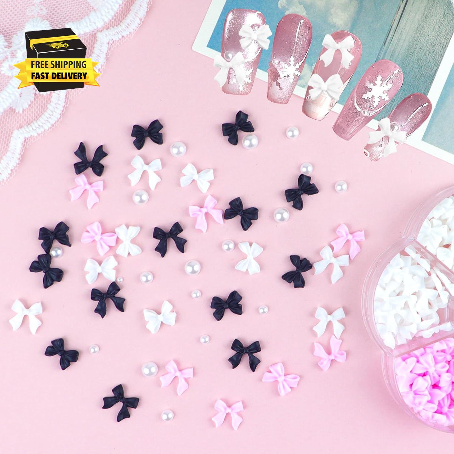 300Pcs 3D Bow Nail Charms and Flatback Pearls Set,Black White Pink Bowknot,Bow-K