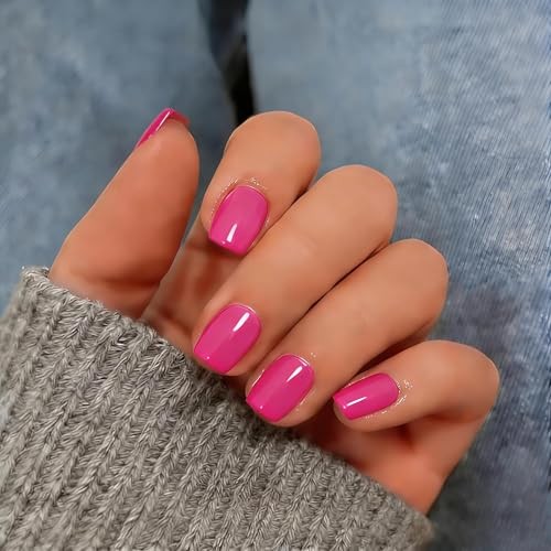 Hot Pink Press On Nails – Short Square – 30 Pcs Sturdy Reusable Fake Hot Pink
