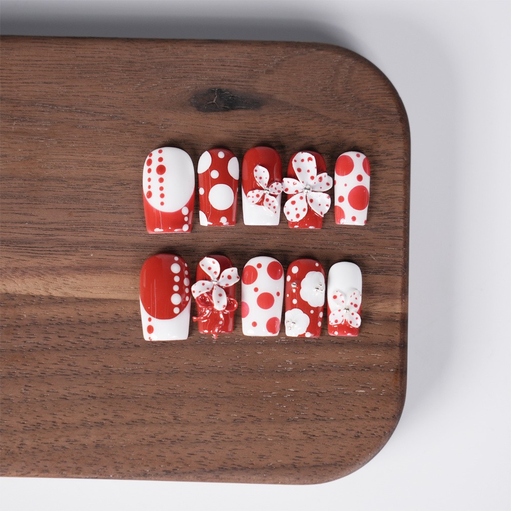 Handmade Red White Polka Dot Press on Nails Bow Floral Lovely Fake Nails