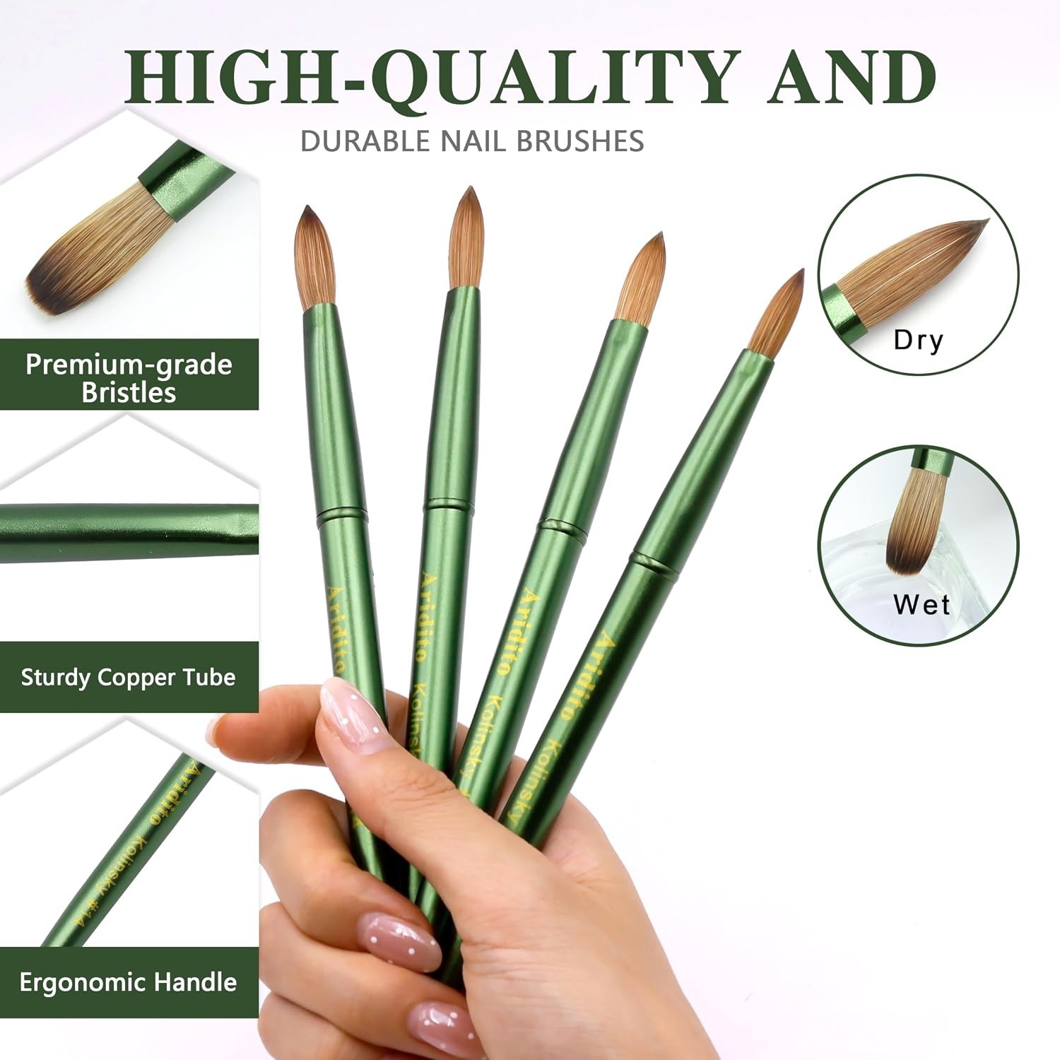 Aridito #10 Kolinsky Acrylic Nail Brush with Cap Matte Green Professional