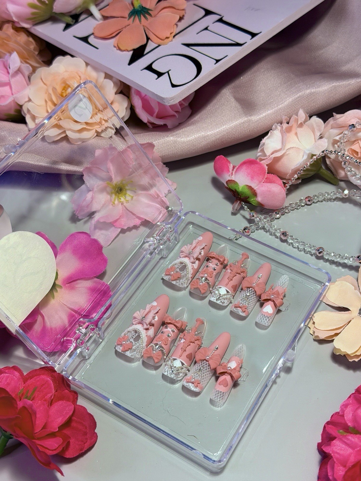 Pink Princess Bow Lace Flower Matte Finish Press On Nails Long Y05 With Pearl