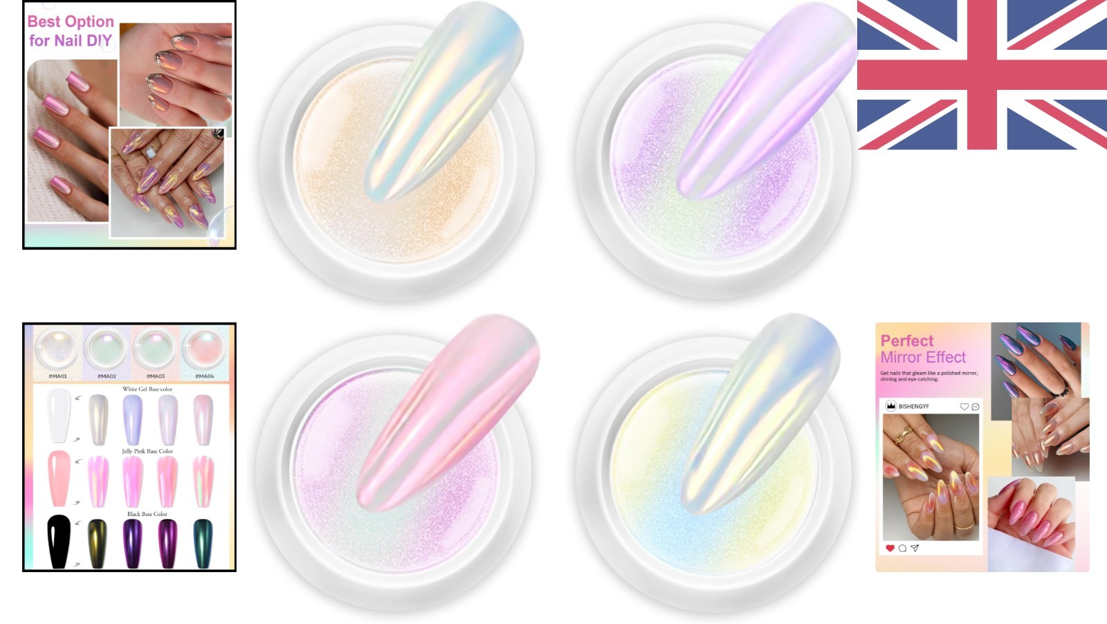 4-Piece Holographic Nail Powder Set with Pearlescent Shine for Glossy Nails