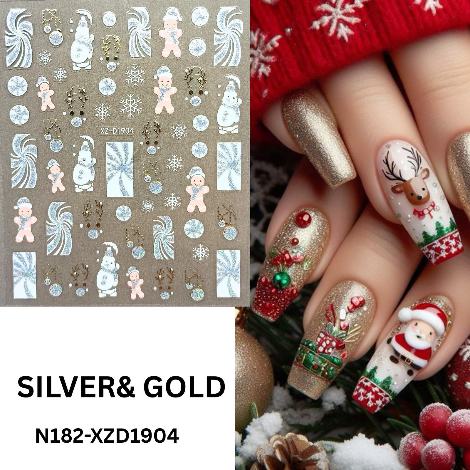 Holiday Nail Stickers 3D Set – 12 Sheets Xmas Reindeer & Snowflake Decals