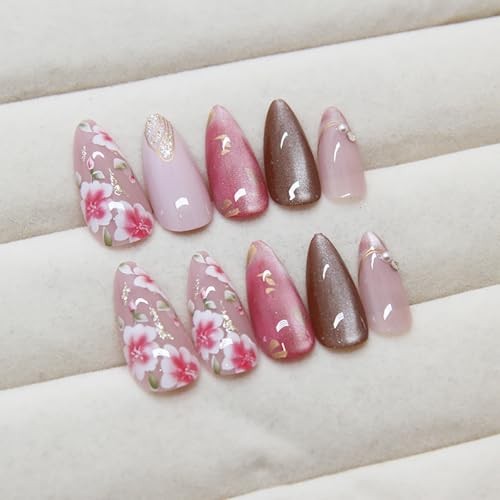 24Pcs Pink Flower Press on Nails Medium Almond Fake Nails Flower Fake Nails-2