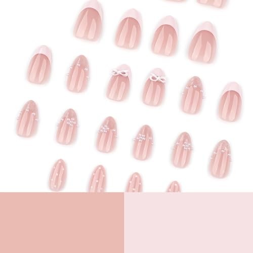 24pcs White French Tip Press on Nails Short Almond Fake Nails with Pink Bow -6