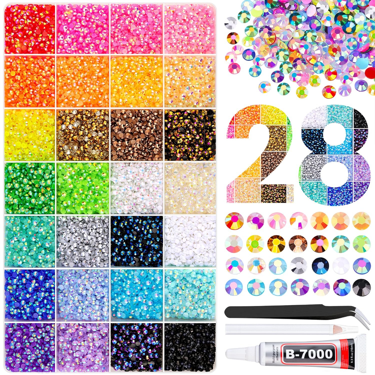 34000Pcs Resin Rhinestones with Tweezers for Crafting, Mixed-Color 3mm Bedazz