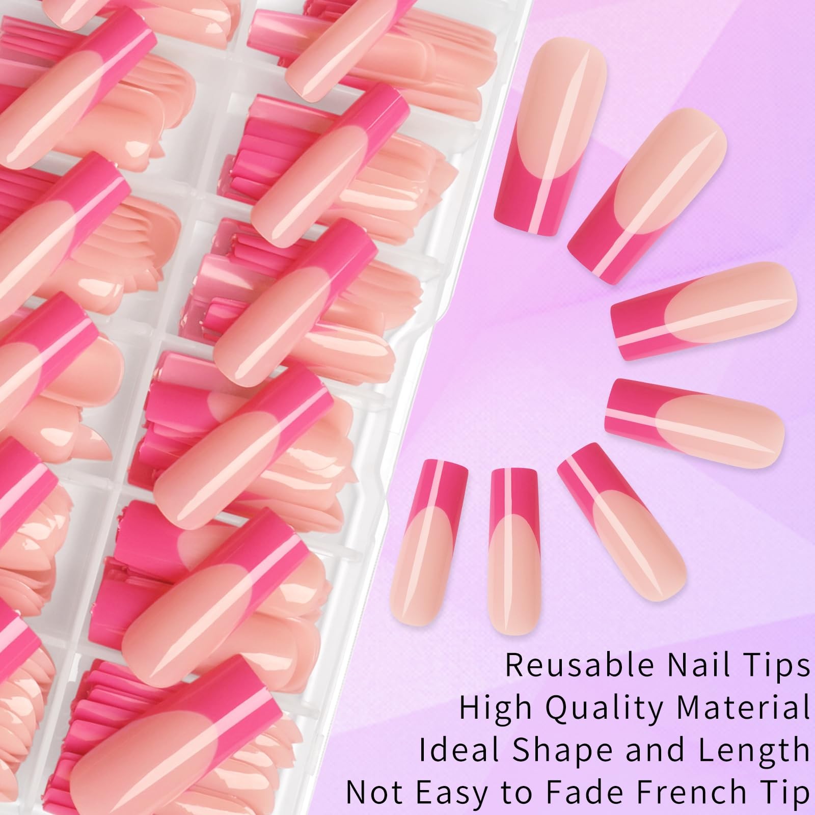 216PC Hot Pink French Tip Press on Nails Long Fake Nails Press ons with 10*Ad…