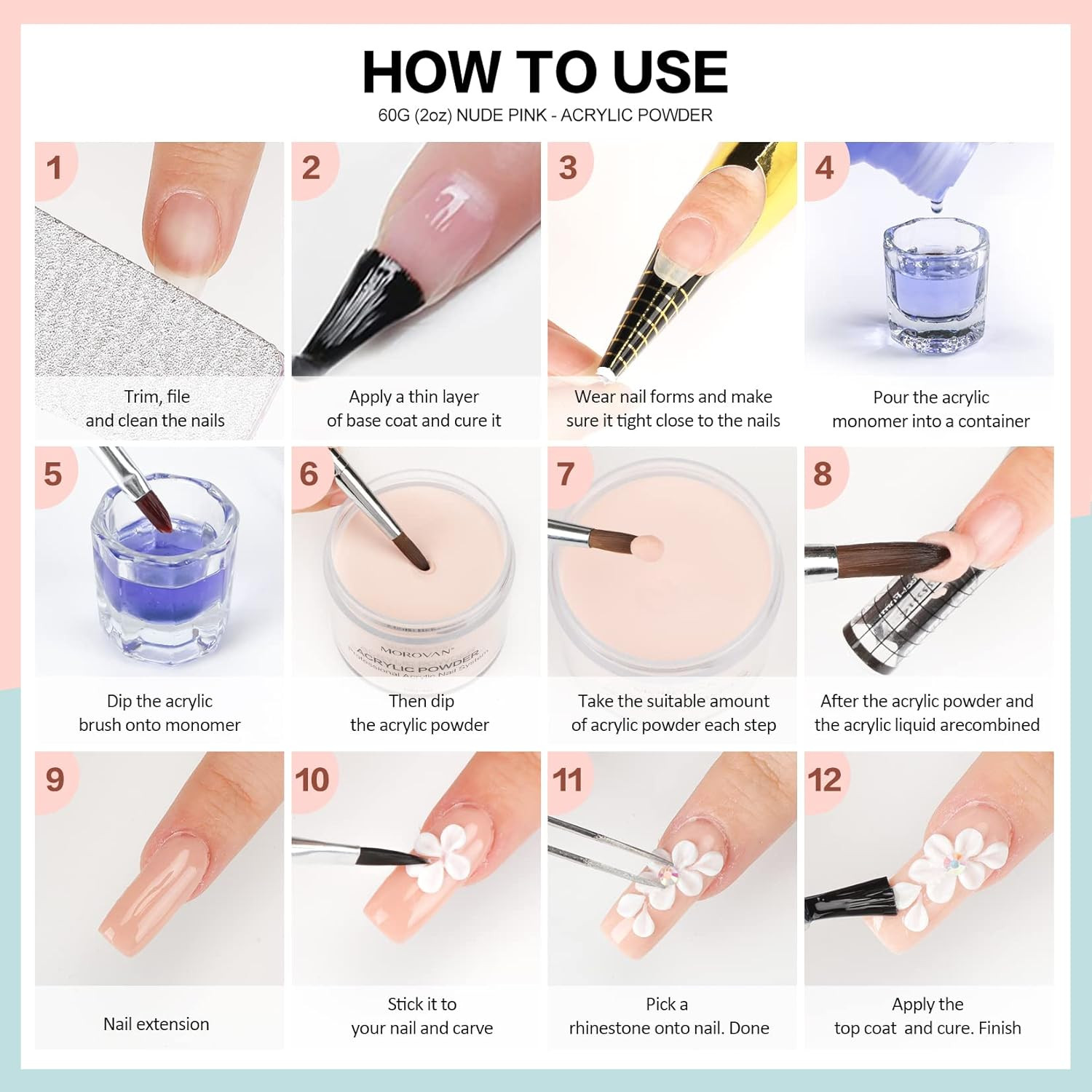 Morovan Acrylic Nail Powder Set: 4 Colors Clear Nude Pink White Acrylic Powder f
