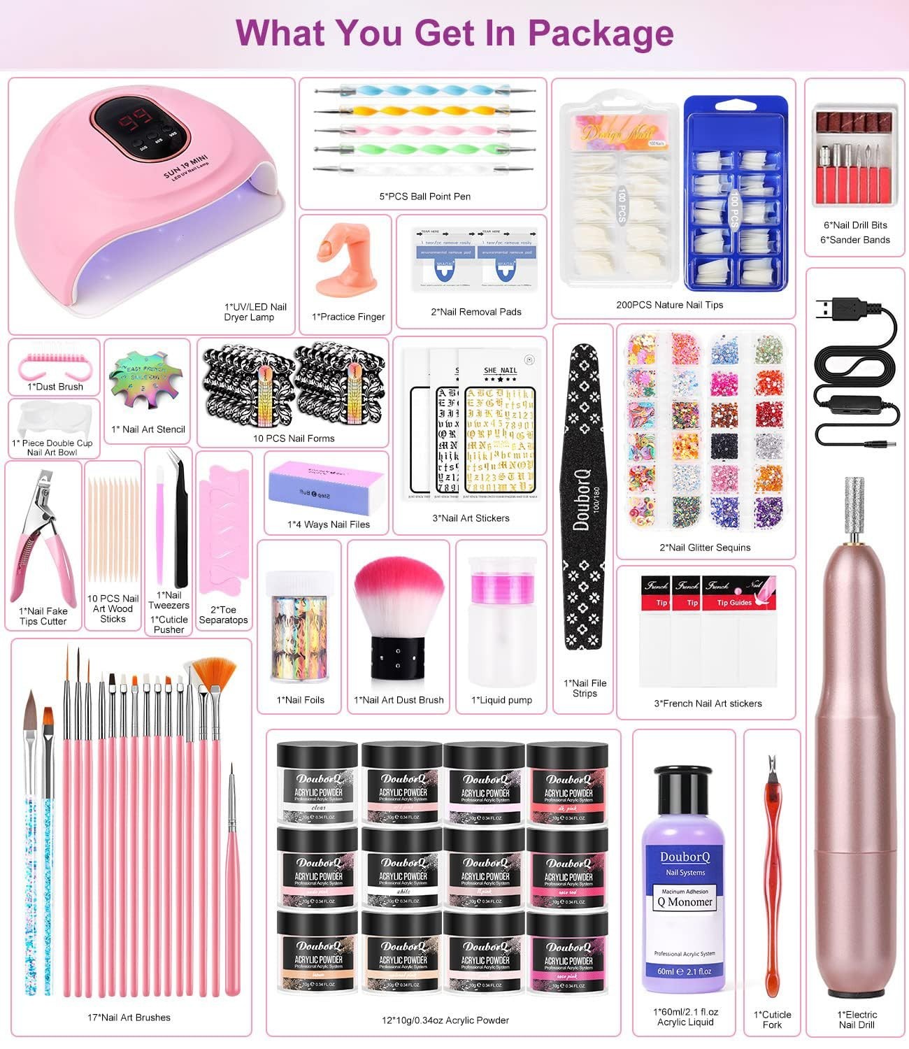 Acrylic Nail Kit Starter Set Acrylic Powder with Nail Drill U V Light Profession