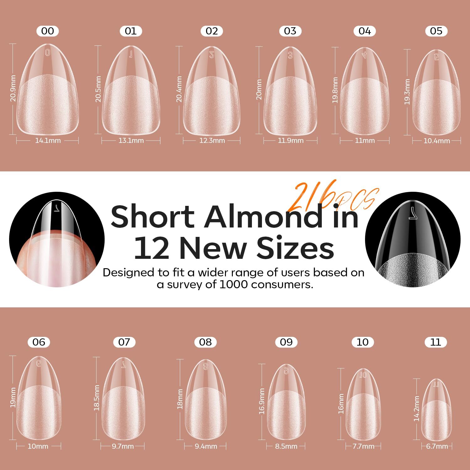 modelones Gel X Nail Kit, Short Almond x A2-Short-Almond-216Pcs