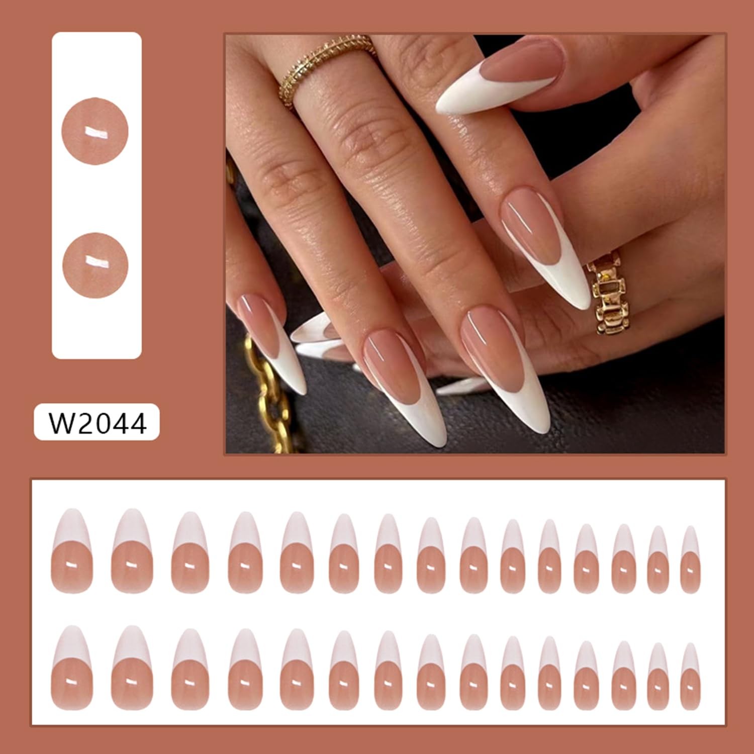 Extra Long Almond Press on Nails White French Tip Fake Multicolor